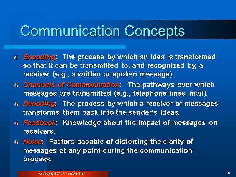 © Copyright 2003, Prentice Hall 4 Communication Concepts Encoding:  The process by which